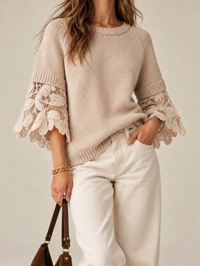 See by Chloé Cream Floral Lace Sleeve Cotton Knit Sweater Medium